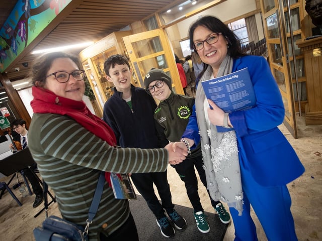 Mrs. Caroline McLaughlin, Principal, St. Columb's College (right) pictured welcoming prospective pupls and their mum to the Open Day on Saturday last. (Photos: Jim McCafferty Photography) : .
