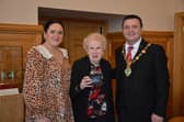 Ladies Ancient Order of Hibernians Sister and frequent visitor to Derry Kathleen Savage with the Mayor of Derry/Strabane Ruairí McHugh and Councillor Aisling Hutton.