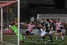 Derry City’s Sean Robertson misses a goal scoring chance in stoppage time against Sligo Rovers. Photograph: George Sweeney