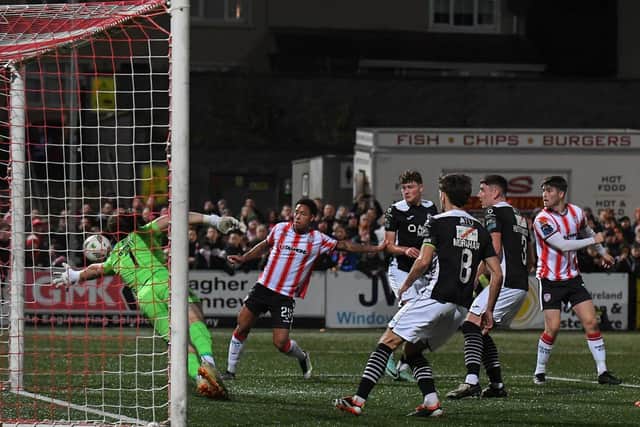 Derry City’s Sean Robertson misses a goal scoring chance in stoppage time against Sligo Rovers. Photograph: George Sweeney
