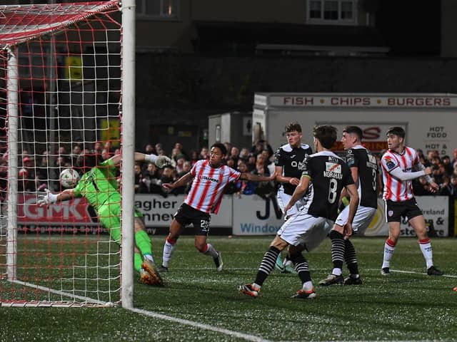 Derry City’s Sean Robertson misses a goal scoring chance in stoppage time against Sligo Rovers. Photograph: George Sweeney
