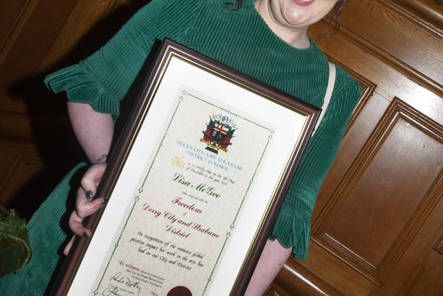 Derry Girls writer Lisa McGee pictured with her Freedom of the City award on Monday evening at the Guildhall.