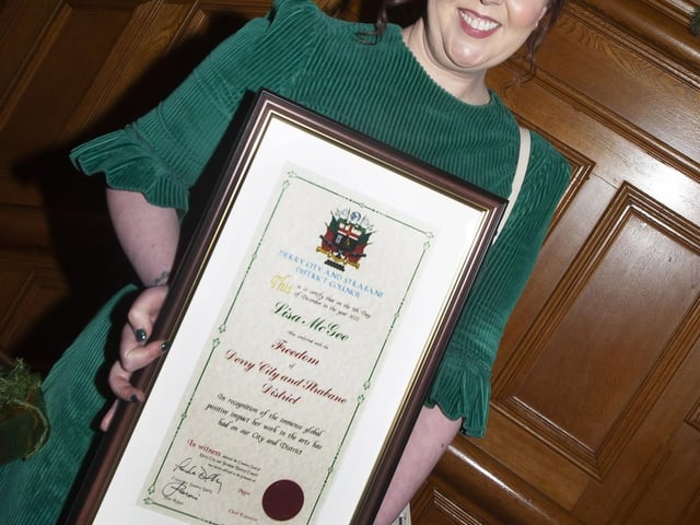 Derry Girls writer Lisa McGee pictured with her Freedom of the City award on Monday evening at the Guildhall.