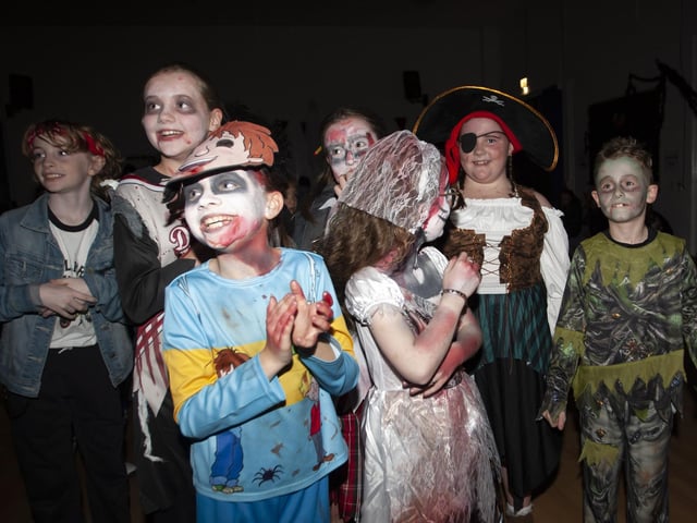 Seth , Ella , Ava , Aoife , Frankie , Lillie and Myla having fun at the Steelstown PS Halloween Disco.