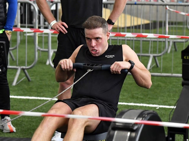 Competitor takes part in station five, the 1,000m Row during the Maiden City Hyrox V Fitness Challenge held at Sean Dolans GAC on Saturday. Photograph: George Sweeney