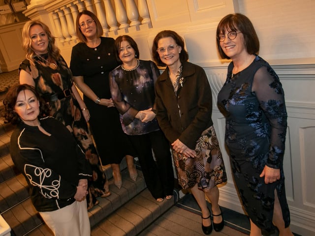 Derry Credit Union retirees Joan Gallagher and Mary Crumley pictured at Friday night's function with staff members Karen Doran, Sharon Doherty, Geraldine O'Doherty, and Christine McCartney.