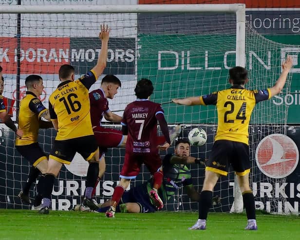Derry City stopper Brian Maher makes a big save against Drogheda. Photograph by Kevin Moore.
