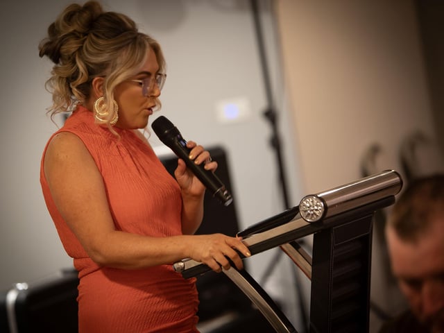 CNP manager Danielle Devine, addressing the attendance at Saturday night's anniversary celebrations. : .
