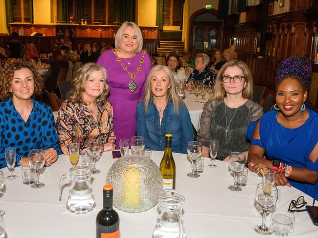 The Mayor Councillor Sandra Duffy hosted an evening to mark International Womens Day in the Guildhall which included a performance by Colmcille Ladies Choir, an address by Mary Keogh and a comical speech by Charmaine O’Donnell compered by Jeananne Craig. Picture Martin McKeown. 08.03.2