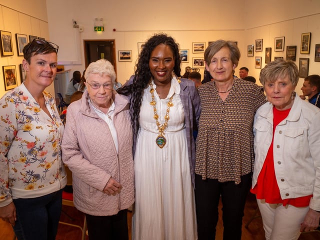 Strabane Athletic l-r Nicola Porter, Renie McElroy, Pat Henderson, and Joan Gamble, with Mayor Lilian Barr.