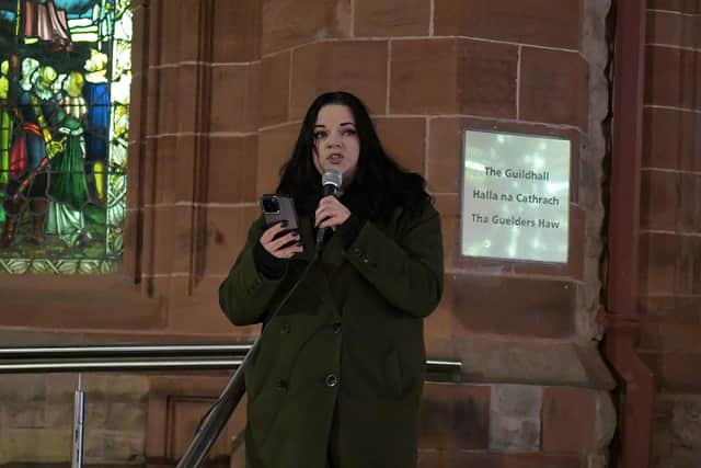 Sophia McFeely, Alliance for Choice Derry, speaking at a rally held at Guildhall square on Friday evening in a protest at violence against women and girls following the recently reported rape of a woman in the city. Photo: George Sweeney