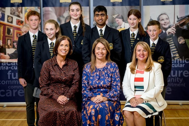 Students who achieved KS3 Pupil of Year. Front row: L/R Mrs Suzanne Deery (Head of Key Stage 3), Mrs Siobhan McCauley (Principal) and Mrs Emer McCaffrey (Head of Year 8). Back Row: L/R Fionn Mc Gilloway, Ava Doherty, Rose Mc Laughlin, Albin Manoj, Grace Flanagan and Conor Feeney.