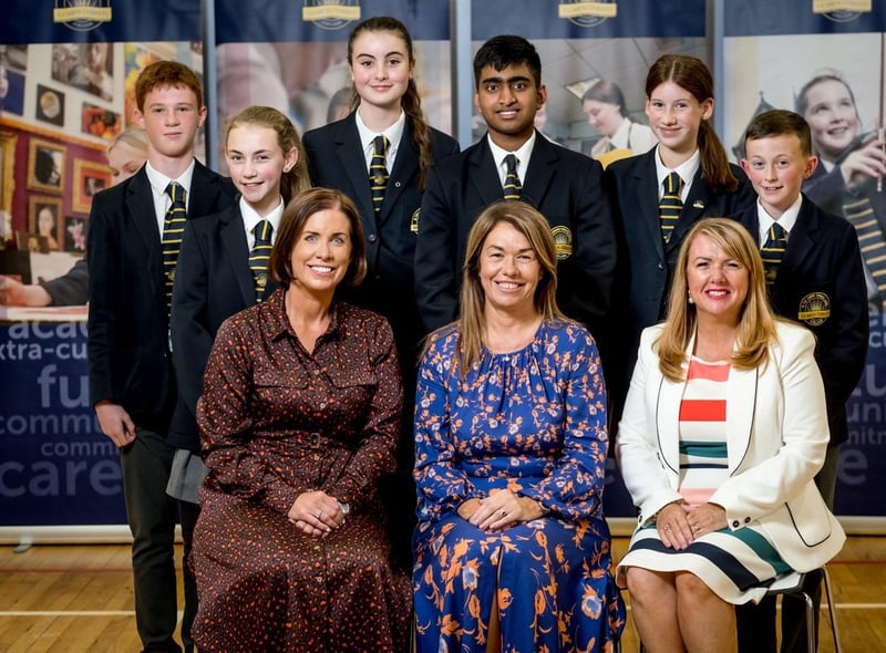 Students who achieved KS3 Pupil of Year. Front row: L/R Mrs Suzanne Deery (Head of Key Stage 3), Mrs Siobhan McCauley (Principal) and Mrs Emer McCaffrey (Head of Year 8). Back Row: L/R Fionn Mc Gilloway, Ava Doherty, Rose Mc Laughlin, Albin Manoj, Grace Flanagan and Conor Feeney.
