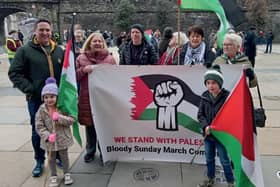 Members of the Bloody Sunday March Committee at a rally for Palestine in Guildhall Square.
