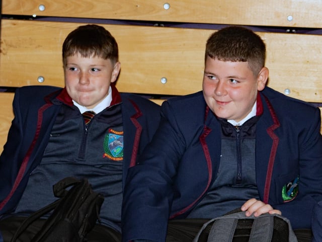 Two of the new Year 8 intake at Oakgrove Integrated College on Monday. : Oakgrove Integrated College welcomes latest influx of Year 8 pupils