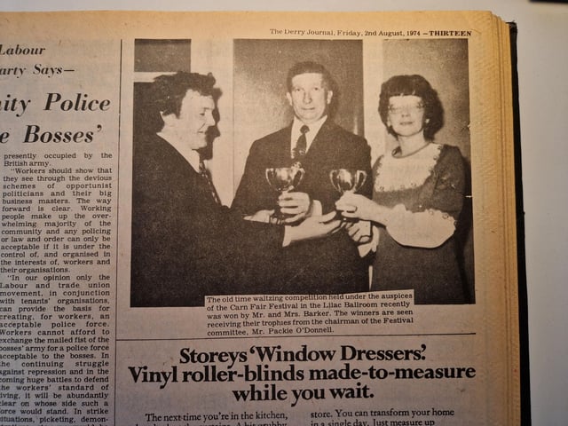 The caption read: "The old time Waltzing competition held under the auspices of the Carn Fair Festival in the Lilac Ballroom recently was won by Mr. and Mrs. Baker. The Winners are seen receiving their trophies from the chairman of the Festival committee, Mr. Packie O'Donnell."