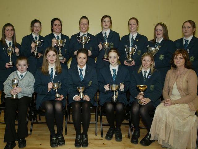 Special award winners pictured with vice principal Siobhan McAteer. Included are seated from left, Deborah Boyle, Bronagh McCloskey, Shauna Kavanagh, Treasa NiChromlaoich and Kate O'Leary. Standing are, from left, Orlaith Flynn, Suzanne McGilloway, Rachel Barr, Laura Browne, Carlann Knox, Margaret O'Leary, Joanne Holmes and Sinead O'Neill. (0512JB86):.