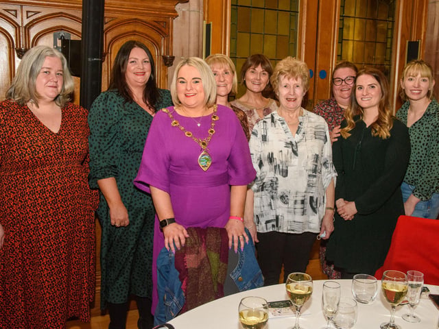 The Mayor Councillor Sandra Duffy hosted an evening to mark International Womens Day in the Guildhall which included a performance by Colmcille Ladies Choir, an address by Mary Keogh and a comical speech by Charmaine O’Donnell compered by Jeananne Craig. Picture Martin McKeown. 08.03.2