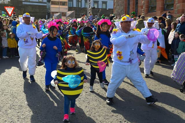 Participants in colourful costume at the St Patrick’s Day parade. Photo: George Sweeney / Derry Journal. DER2211GS – 122