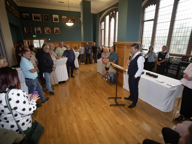 The Mayor Ruairi McHugh addressing the attendance at Friday evening's reception in the Guildhall for the Eamonn 'Bronco' Bradley Football Tournament Committee in recognition of their 40th anniversary celebrations. (Photos: Jim McCafferty Photography)
