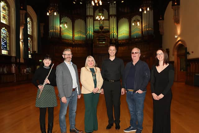 Pictured with the Mayor of Derry and Strabane, Councillor Sandra Duffy and Children in Crossfire CEO, Richard Moore are members of the Irish Doctors Choir and Orchestra Northwest. Photo: Tom Heaney