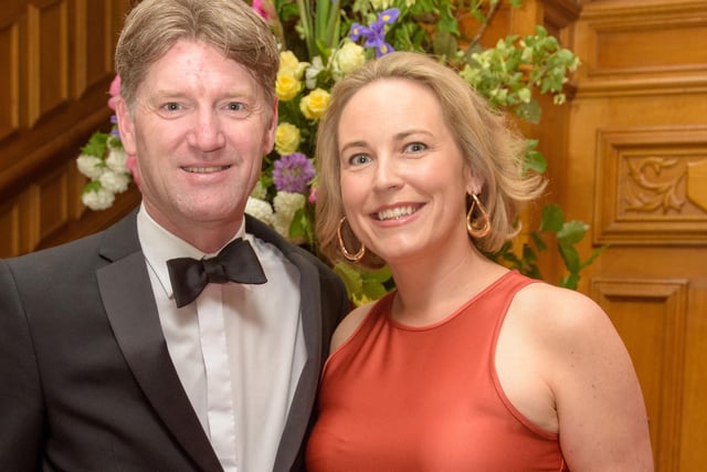 The Mayor Councillor Patricia Logue hosted the annual Mayor’s Ball in the Guildhall in aid of her chosen Charities the Foyle Hospice and Ryan McBride Foundation. Pictured at the event are guests, Andrew Fleming and Ciara Hanley. Picture Martin McKeown. 24.05.24