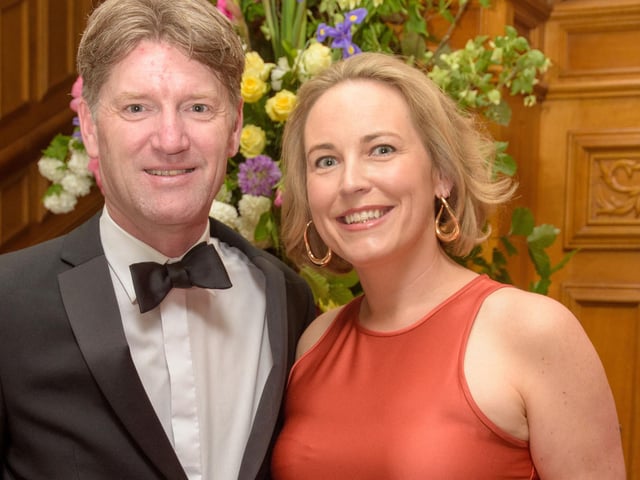 The Mayor Councillor Patricia Logue hosted the annual Mayor’s Ball in the Guildhall in aid of her chosen Charities the Foyle Hospice and Ryan McBride Foundation. Pictured at the event are guests, Andrew Fleming and Ciara Hanley. Picture Martin McKeown. 24.05.24