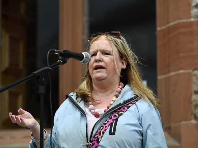 Maeve McLaughlin, Bloody Sunday Trust, speaking at the Celebration of Migrant Workers rally held in Guildhall Square on Sunday afternoon. Photo: George Sweeney