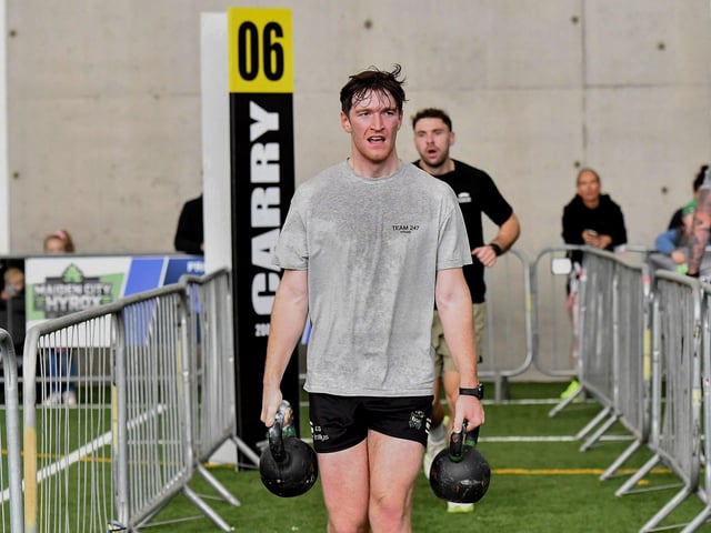 Competitor takes part in ‘Farmers Carry’ during the Maiden City Hyrox V Fitness Challenge held at Sean Dolans GAC on Saturday.  Photograph: George Sweeney