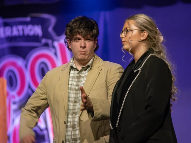 Two of the main characters - Jude White as aspiring rock star Dewey Finn and, Keeva Parkes Miss Mullins, pictured on stage on Thursday night. (Photos: Jim McCafferty Photography)