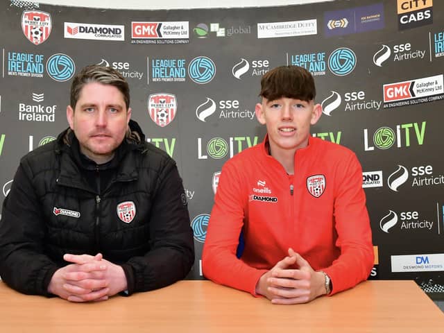 Derry City boss Ruaidhrí Higgins pictured alongside teenager Luke O'Donnell after the Buncrana lad signed his first professional terms. Photograph by Kevin Morrison