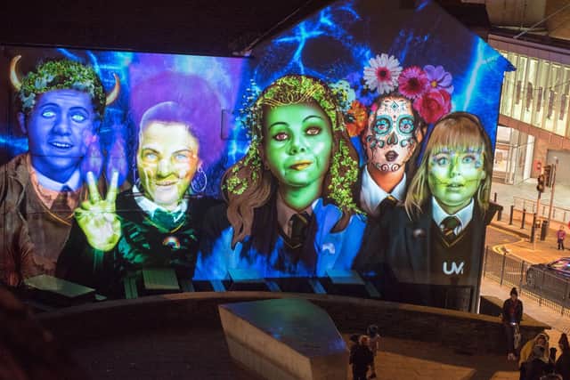 The famous Derry Girls mural gets a spootacular makeover during the Awakening of the Walls as Derry City and Strabane District Council’s Hallowe’en celebrations get into full swing ahead of the spectacular carnival parade and fireworks display on Thursday night. Picture Martin McKeown. 28.10.19