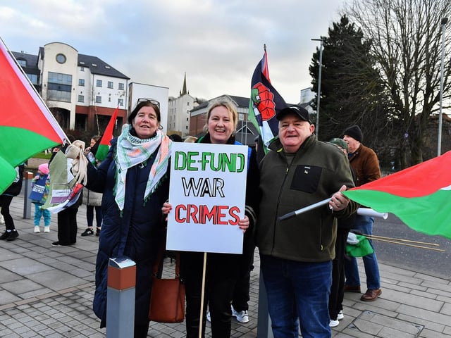 Supporters attend the pro-Palestinian solidarity rally held in Derry on Saturday afternoon. Photo: George Sweeney