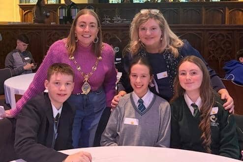 Councillor Grace Uí Niallais, Mayor of Derry City and Strabane District Council; Oskar Blake (Lumen Christi College); Erin McGinley (Thornhill College); Lucie Hyndman (St Cecilia’s College); and Mary Blake, Vice Chair of the Board of Governors, St Columba’s Primary School.