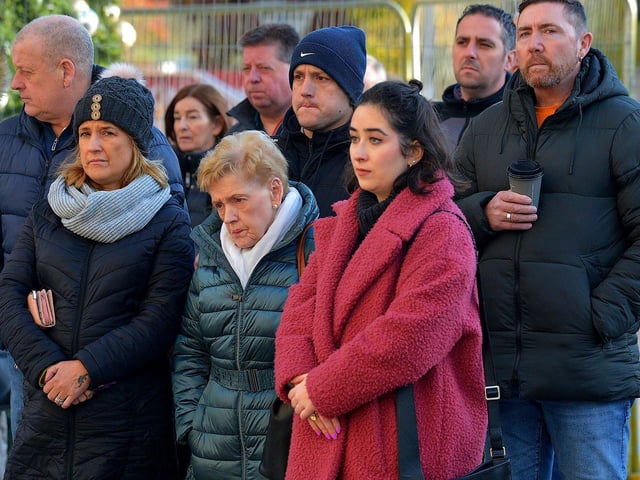 Families of victims of the troubles protest against the proposed Northern Ireland Troubles (Legacy and Reconciliation) Bill, organised by The Bloody Sunday Trust and the Pat Finucane centre, at Guildhall Square on Wednesday afternoon. DER2247GS – 57