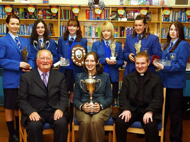 Seated from left, are James Doherty, chairman, Board of Governors, Kathleen McGowan, McVeigh Art Cup, and Rev Peter O'kane. Back from left, are Miriam Boyle, sscience commitment, Michelle Bowen, Languages Trophy, Danielle campbell, Goegraphy, GCSE Art and Design Trophy, Mary O'Hara, Science Year 11, Martina O'Driscoll, Science Commitment Year 11, and Claire McLaughlin, Art and Design trophy. (1510A16)