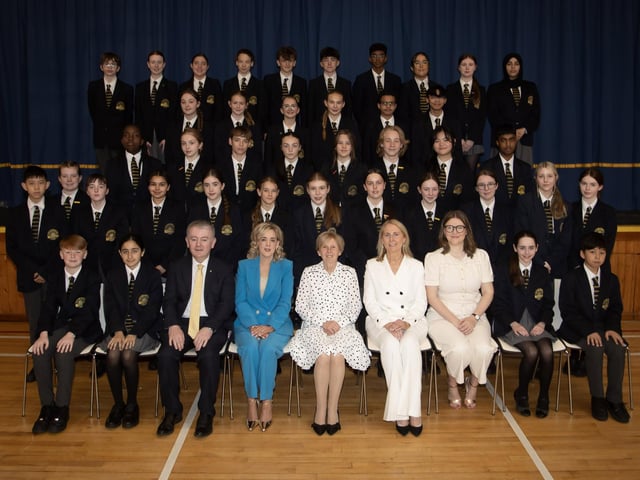 Lumen Christi College students who achieved First in Subject Awards with Dr Michael Gormley (Senior Teacher), Mrs Léan Mc Shane (Senior Teacher), Dr Marie Ferris (Principal), Mrs Brónach O’Hare (Vice Principal), and Mrs Roisin McDermott (Head of Year 8).