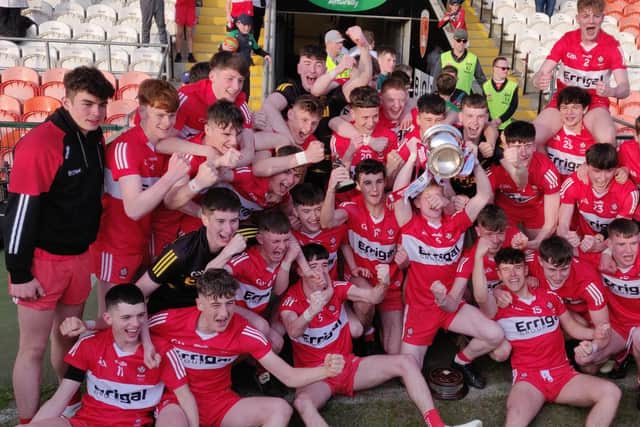 Derry celebrate after defeating Monaghan on penalties in the Ulster Minor final in the Athletic Grounds on Sunday night.