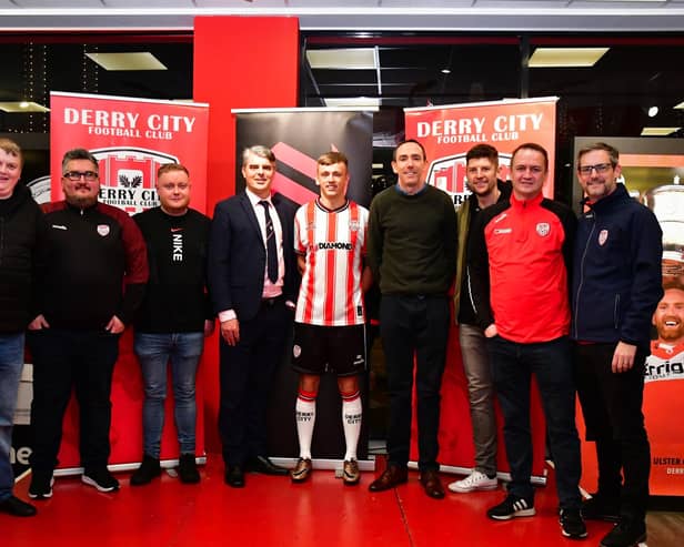 Pictured left to right, Kevin McLaughlin, Dan Dunn, Ciaran McCauley, Declan Callaghan, Ciaron Harkin, Kevin McDaid, Gary Slevin, Kieran Doyle and Joe Doherty in O'Neill's Sports Superstore.