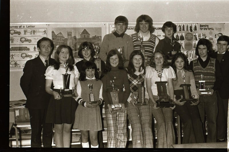 Young people receiving prizes in November 1973.