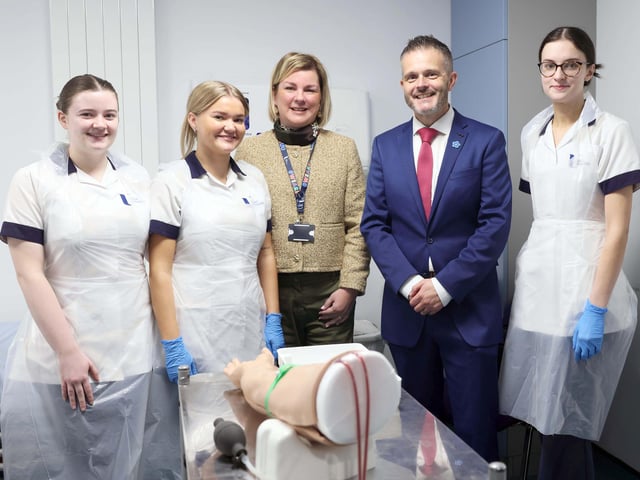 Health Minister Robbie Butler with nursing students at Magee College during a visit to the city on Wednesday last.