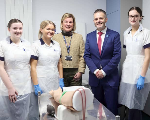Health Minister Robbie Butler with nursing students at Magee College during a visit to the city on Wednesday last.