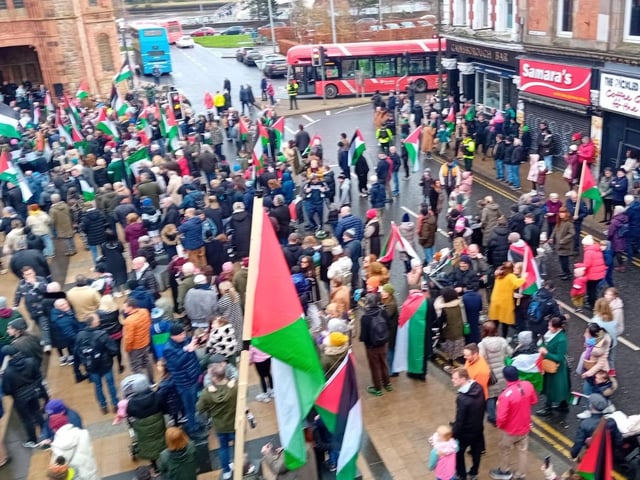 Thousands participate in Derry rally for Palestine calling for a ceasefire in Gaza on January 13, 2024