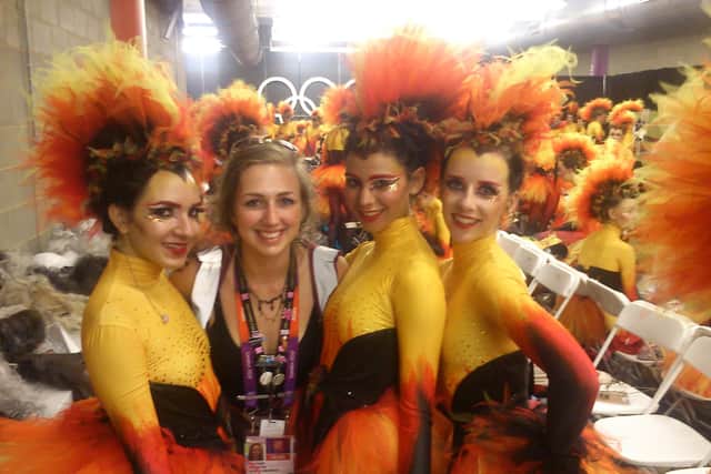 Aileen back stage at with the Pheonix costumes at the London Olympics 2012