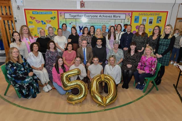 Current teachers and staff pictured at St Oliver Plunkett’s Primary School’s 50th anniversary celebrations on Thursday evening.