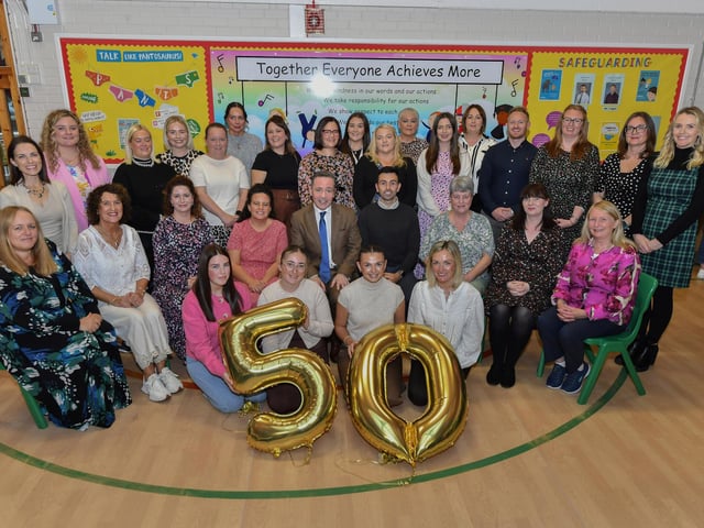 Current teachers and staff pictured at St Oliver Plunkett’s Primary School’s 50th anniversary celebrations on Thursday evening.