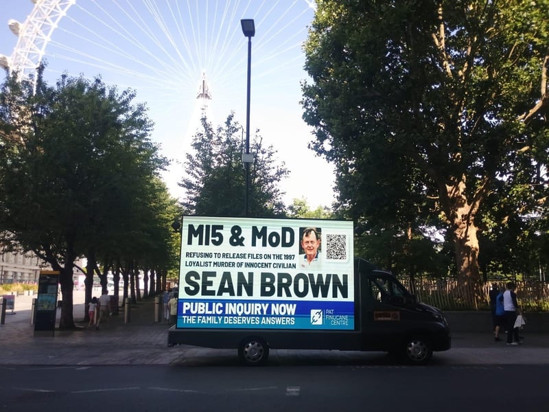 A billboard drawing attention to the Sean Brown campaign has been circulating in central London this week.