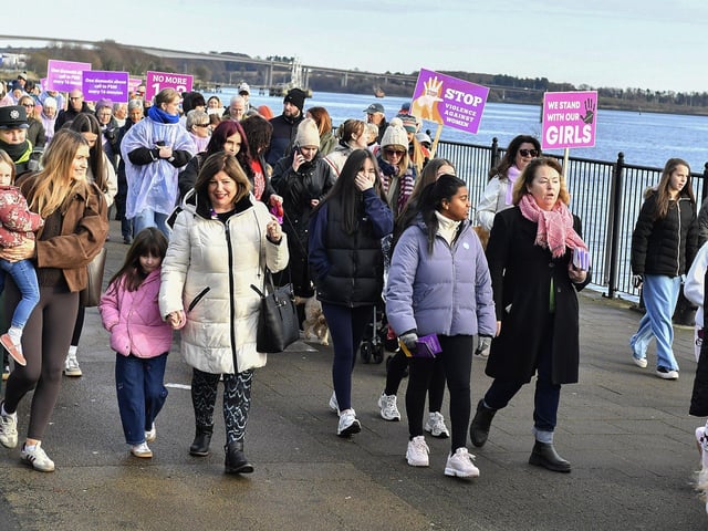 Proponents who participated in the Foyle Women’s Aid walk, from Sainsbury’s to the Guildhall on Sunday afternoon, supporting the United Nations Women’s Campaign to eliminate gender – based violence worldwide. Photo: George Sweeney