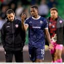 Derry City manager Tiernan Lynch and Sadou Diallo begin the post-mortem after defeat to Shamrock Rovers in Tallaght. Photo by Stephen McCarthy/Sportsfile