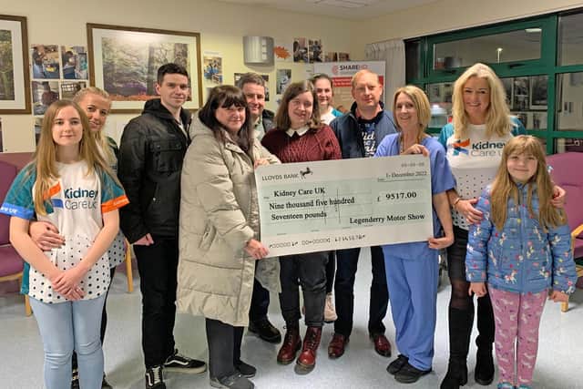 Attending the Legenderry Motor Show cheque presentation at Altnagelvin Hospital Renal Unit were from left to right: Rebecca Vance, Heather Vance, Rory Doherty, Michelle Doherty, Kieran Doherty,  Áine Doherty, Ruby Cooper, Richard Gillespie, Donna Pike, Jo-Anne Dobson and Rachel Gillespie.